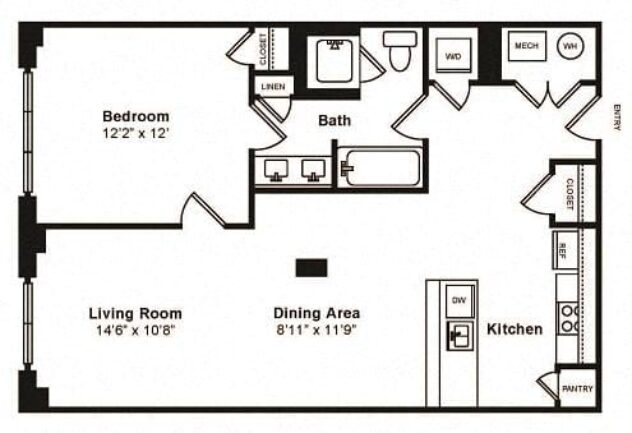 Rendering of the 1H floor plan with 1 bedroom[s] and 1 bathroom[s] at IO Piazza by Windsor