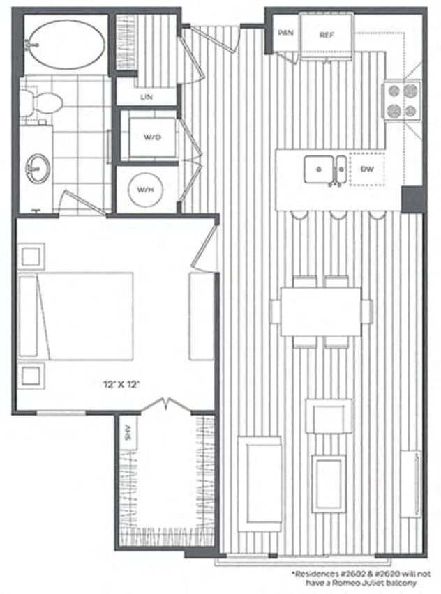 Rendering of the 1H floor plan with 1 bedroom[s] and 1 bathroom[s] at Platt Park by Windsor