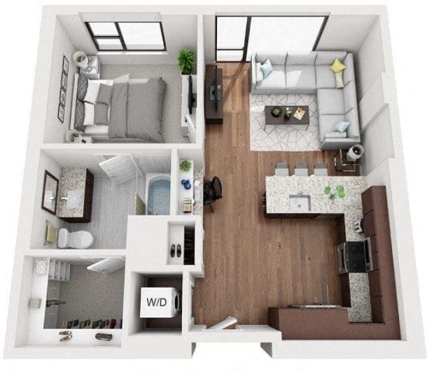 Rendering of the 1J floor plan with 1 bedroom[s] and 1 bathroom[s] at 1000 Speer By Windsor