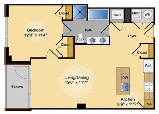 Rendering of the 1J floor plan with 1 bedroom[s] and 1 bathroom[s] at IO Piazza by Windsor