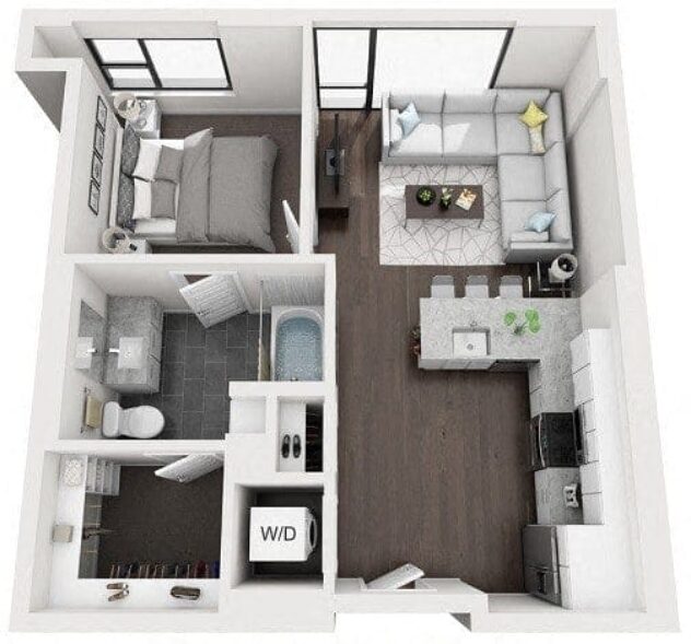 Rendering of the 1K floor plan with 1 bedroom[s] and 1 bathroom[s] at 1000 Speer By Windsor