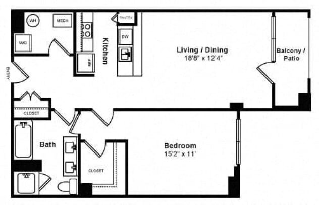 Rendering of the 1K floor plan with 1 bedroom[s] and 1 bathroom[s] at IO Piazza by Windsor