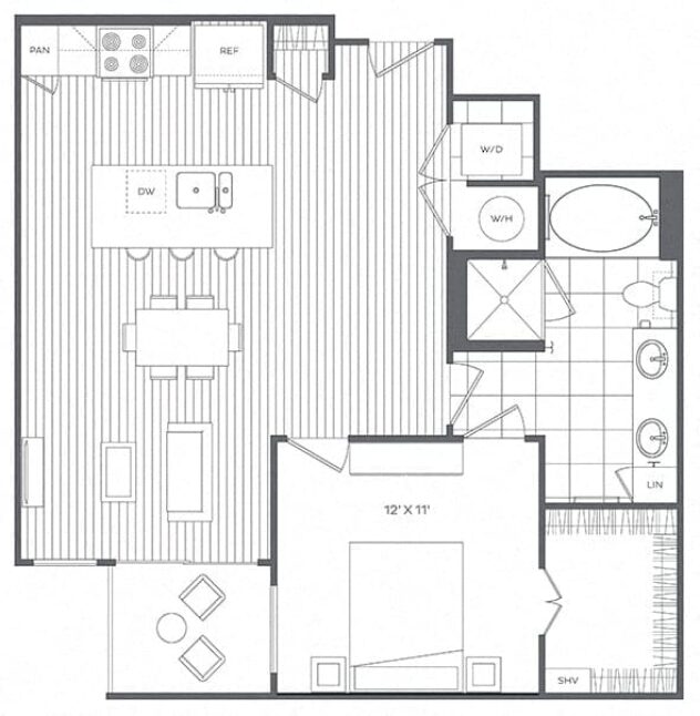 Rendering of the 1K floor plan with 1 bedroom[s] and 1 bathroom[s] at Platt Park by Windsor