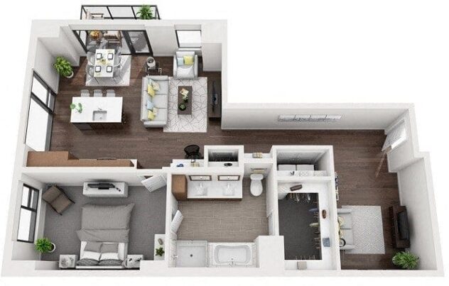 Rendering of the 1L floor plan with 1 bedroom[s] and 1 bathroom[s] at 1000 Speer By Windsor