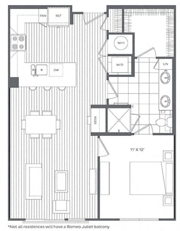 Rendering of the 1L floor plan with 1 bedroom[s] and 1 bathroom[s] at Platt Park by Windsor