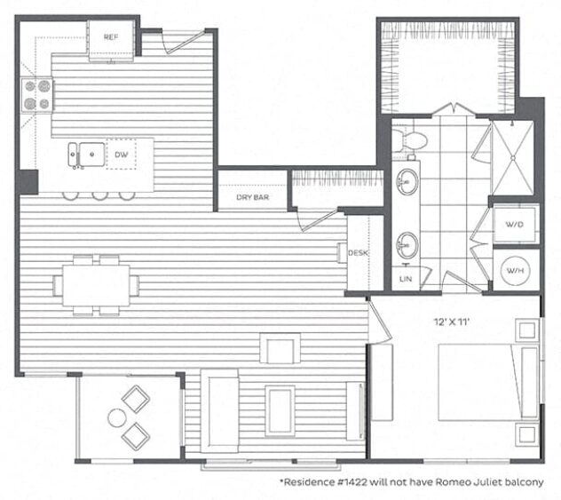 Rendering of the 1O floor plan with 1 bedroom[s] and 1 bathroom[s] at Platt Park by Windsor