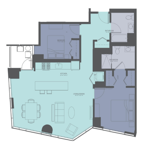 Rendering of the 2 Bedroom 04-Tower A floor plan with 2 bedroom[s] and 2 bathroom[s] at Moment