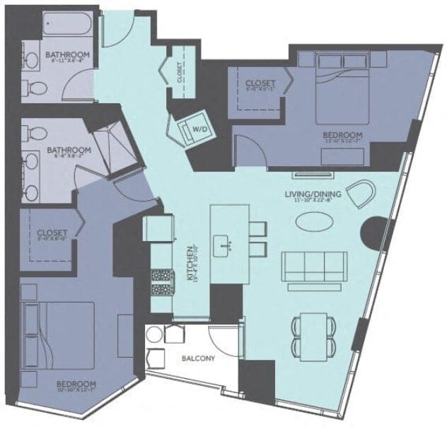 Rendering of the 2 Bedroom 10-Tower floor plan with 2 bedroom[s] and 2 bathroom[s] at Moment