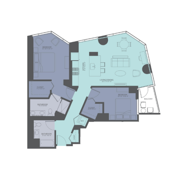 Rendering of the 2 Bedroom 11-Tower floor plan with 2 bedroom[s] and 2 bathroom[s] at Moment