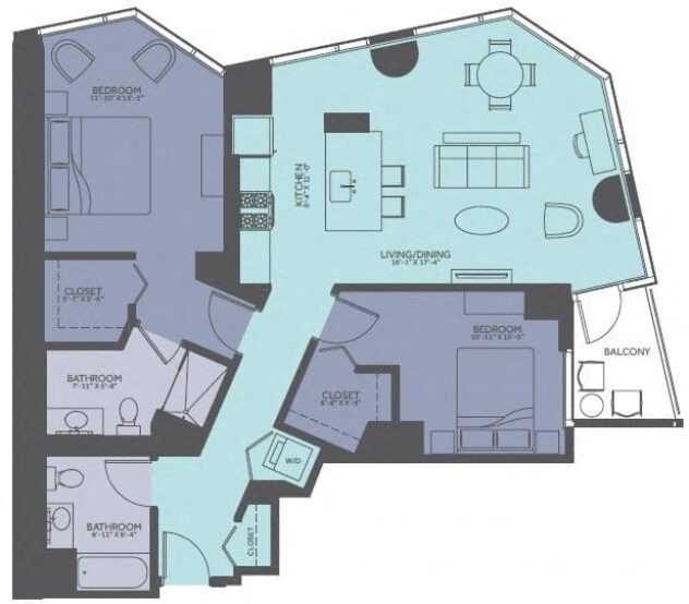 Rendering of the 2 Bedroom 11-Tower A floor plan with 2 bedroom[s] and 2 bathroom[s] at Moment