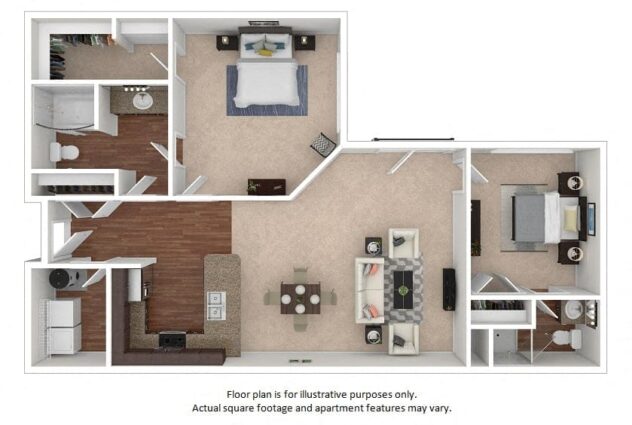 Rendering of the 20F floor plan with 2 bedroom[s] and 2 bathroom[s] at The District