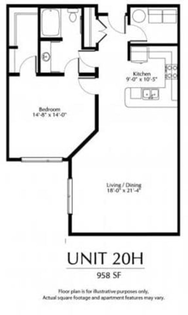 Rendering of the 20H floor plan with 1 bedroom[s] and 1 bathroom[s] at The District