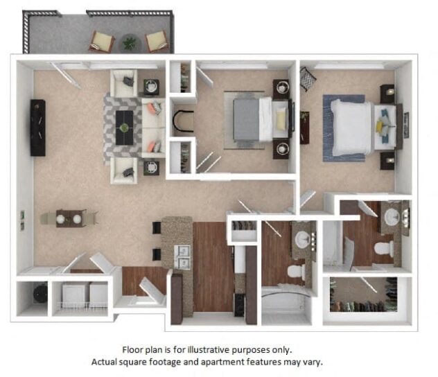 Rendering of the 23F floor plan with 2 bedroom[s] and 2 bathroom[s] at The District