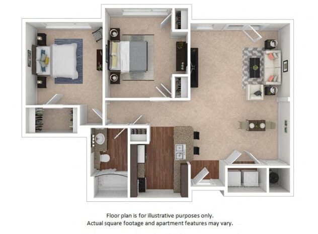 Rendering of the 24F floor plan with 2 bedroom[s] and 1 bathroom[s] at The District