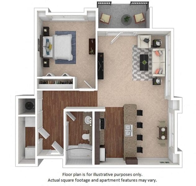 Rendering of the 26E floor plan with 1 bedroom[s] and 1 bathroom[s] at The District