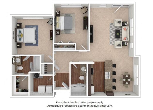 Rendering of the 26F floor plan with 2 bedroom[s] and 2 bathroom[s] at The District