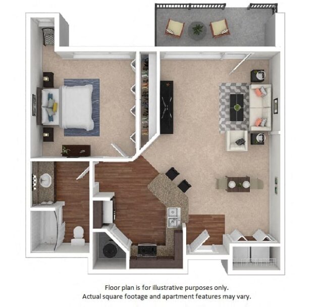 Rendering of the 27E floor plan with 1 bedroom[s] and 1 bathroom[s] at The District