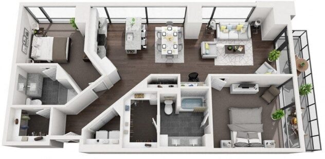 Rendering of the 2A floor plan with 2 bedroom[s] and 2 bathroom[s] at 1000 Speer By Windsor