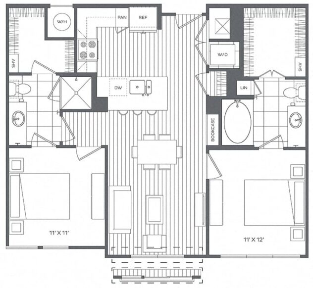 Rendering of the 2B floor plan with 2 bedroom[s] and 2 bathroom[s] at Platt Park by Windsor