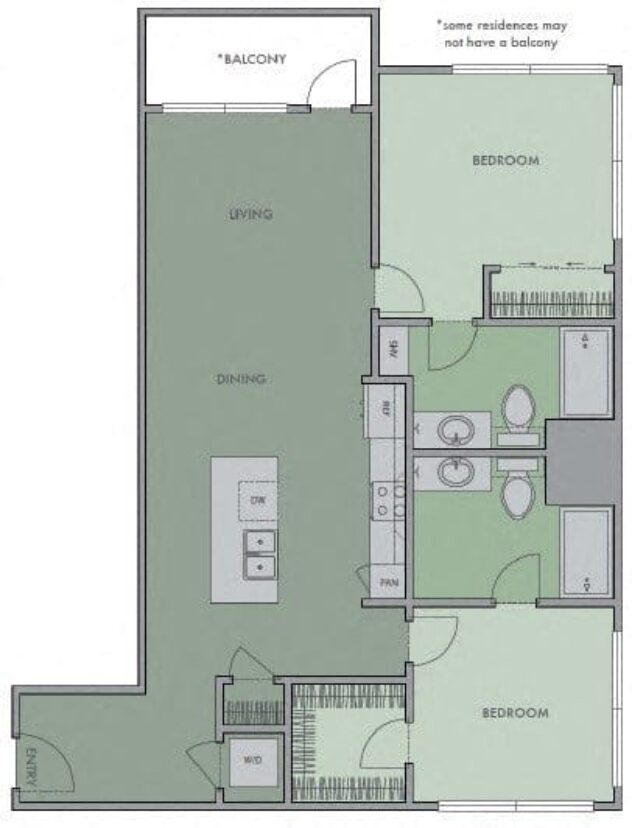 Rendering of the 2B2 floor plan with 2 bedroom[s] and 2 bathroom[s] at Olympic by Windsor