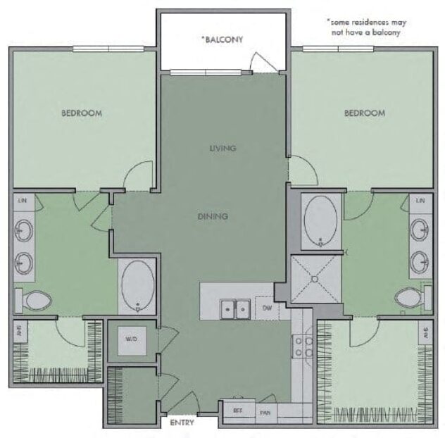 Rendering of the 2B3 floor plan with 2 bedroom[s] and 2 bathroom[s] at Olympic by Windsor