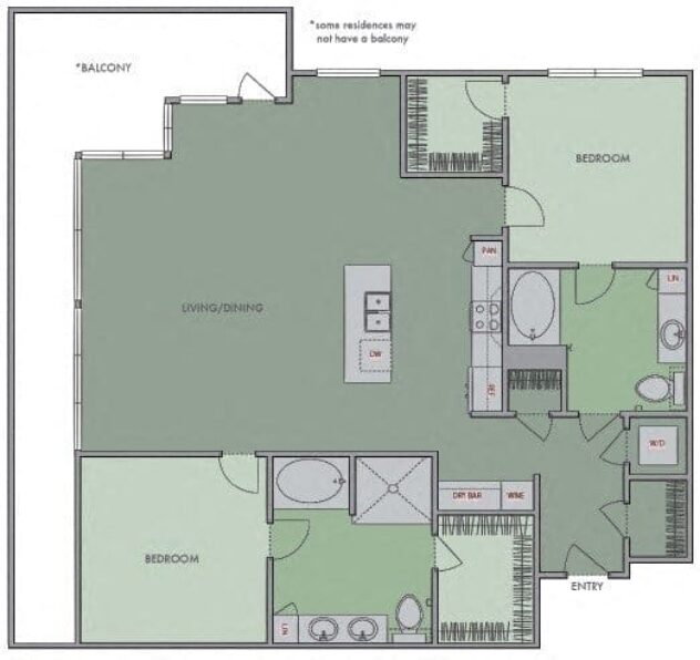 Rendering of the 2B5 floor plan with 2 bedroom[s] and 2 bathroom[s] at Olympic by Windsor