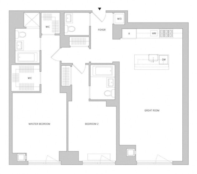 Rendering of the 2Br 2.5Bth 1 floor plan with 2 bedroom[s] and 2.5 bathroom[s] at The Aldyn