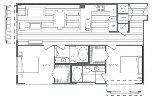 Rendering of the 2D floor plan with 2 bedroom[s] and 2 bathroom[s] at Platt Park by Windsor