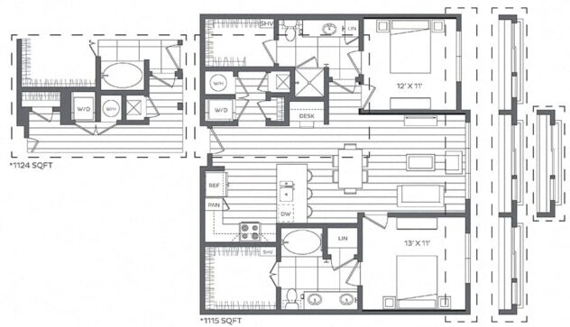 Rendering of the 2E floor plan with 2 bedroom[s] and 2 bathroom[s] at Platt Park by Windsor