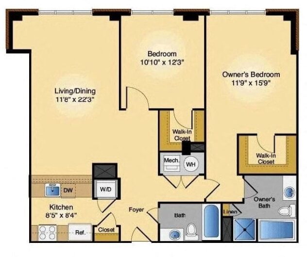 Rendering of the 2F floor plan with 2 bedroom[s] and 2 bathroom[s] at IO Piazza by Windsor