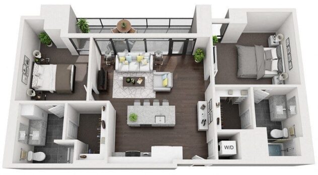 Rendering of the 2G floor plan with 2 bedroom[s] and 2 bathroom[s] at 1000 Speer By Windsor