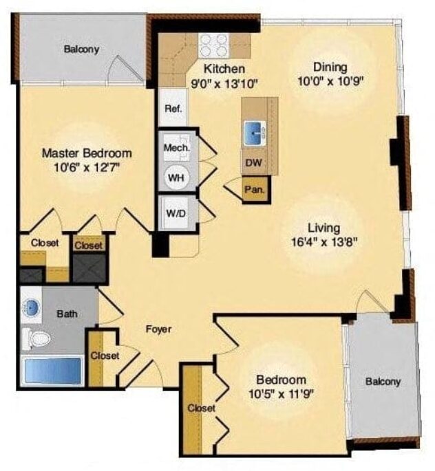 Rendering of the 2G floor plan with 2 bedroom[s] and 1 bathroom[s] at IO Piazza by Windsor