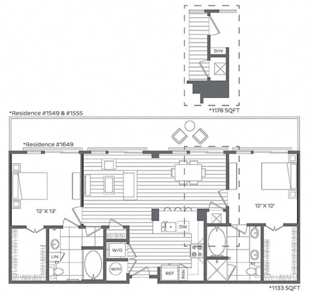 Rendering of the 2G floor plan with 2 bedroom[s] and 2 bathroom[s] at Platt Park by Windsor