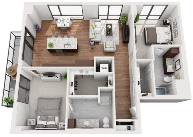 Rendering of the 2H floor plan with 2 bedroom[s] and 2 bathroom[s] at 1000 Speer By Windsor