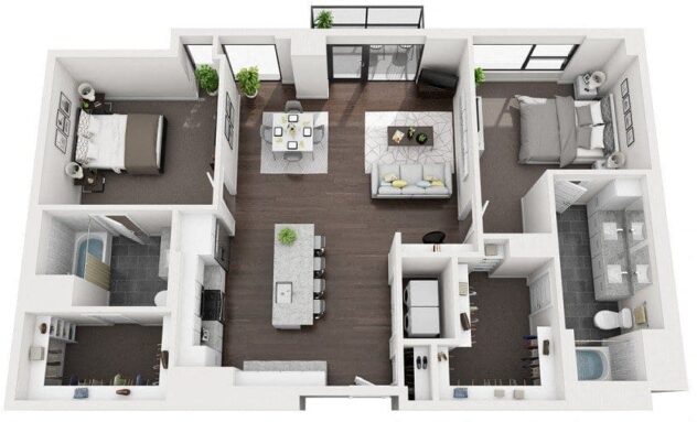 Rendering of the 2J floor plan with 2 bedroom[s] and 2 bathroom[s] at 1000 Speer By Windsor