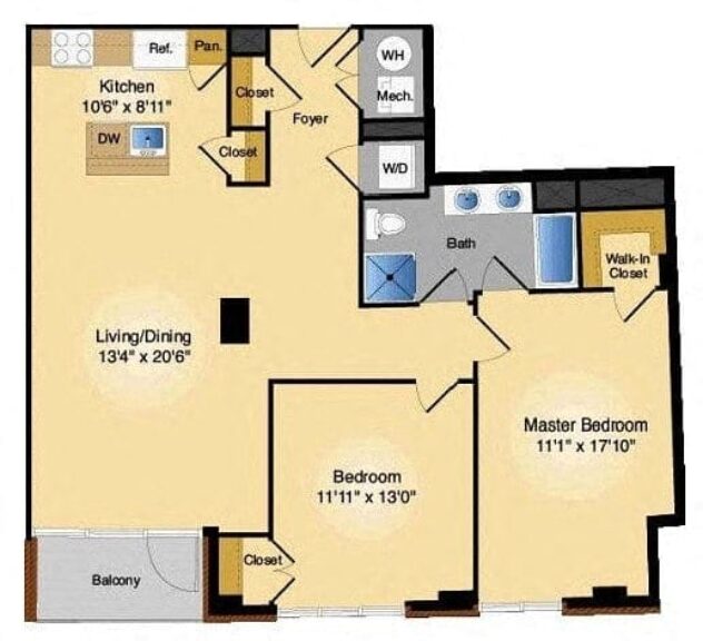 Rendering of the 2J floor plan with 2 bedroom[s] and 1 bathroom[s] at IO Piazza by Windsor