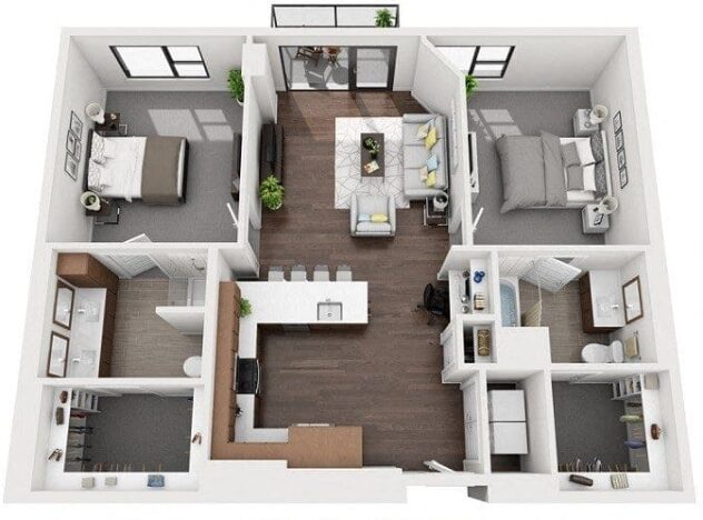 Rendering of the 2K2 floor plan with 2 bedroom[s] and 2 bathroom[s] at 1000 Speer By Windsor