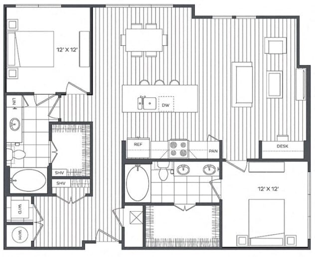 Rendering of the 2M floor plan with 2 bedroom[s] and 2 bathroom[s] at Platt Park by Windsor