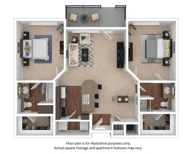 Rendering of the 3A floor plan with 2 bedroom[s] and 2 bathroom[s] at The District