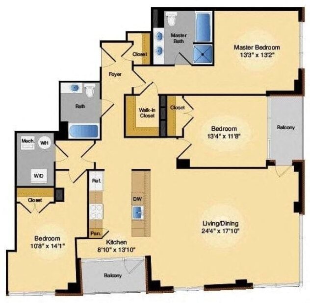 Rendering of the 3D floor plan with 3 bedroom[s] and 2 bathroom[s] at IO Piazza by Windsor