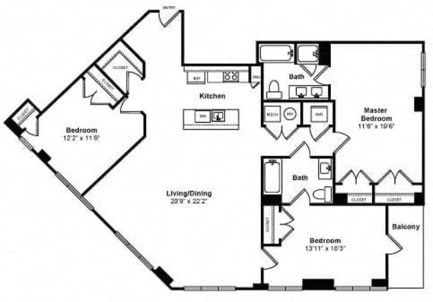 Rendering of the 3E floor plan with 3 bedroom[s] and 2 bathroom[s] at IO Piazza by Windsor