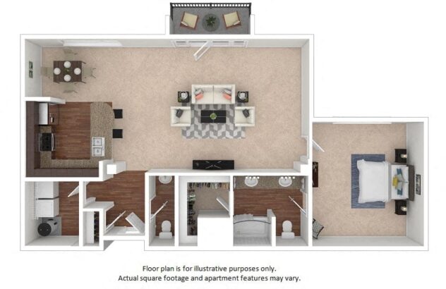 Rendering of the 41A floor plan with 1 bedroom[s] and 2 bathroom[s] at The District