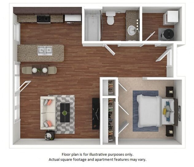 Rendering of the 42 floor plan with a Studio bedroom and 1 bathroom[s] at The District