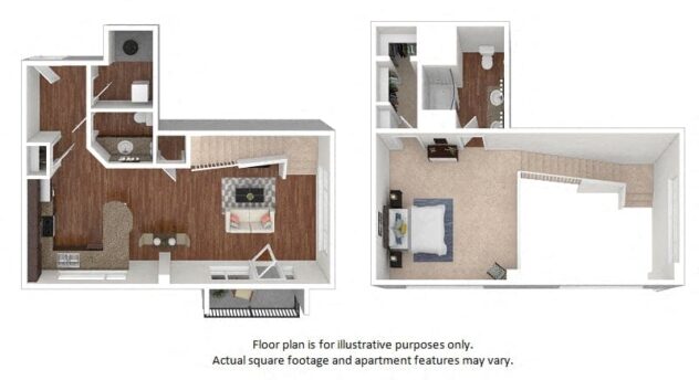 Rendering of the 43A floor plan with 1 bedroom[s] and 2 bathroom[s] at The District