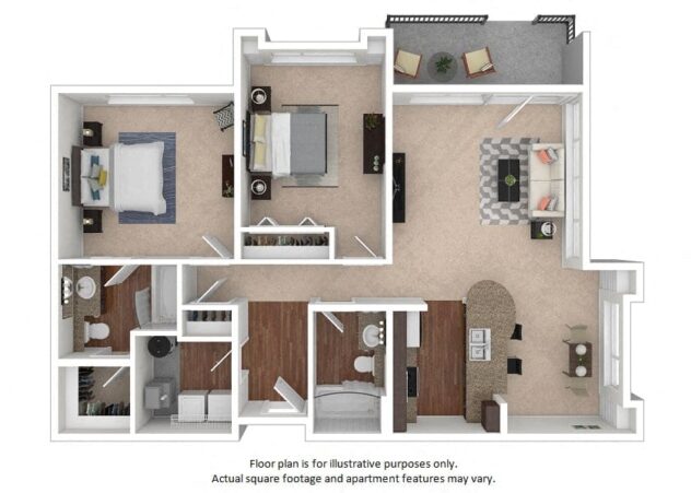 Rendering of the 6A floor plan with 2 bedroom[s] and 2 bathroom[s] at The District