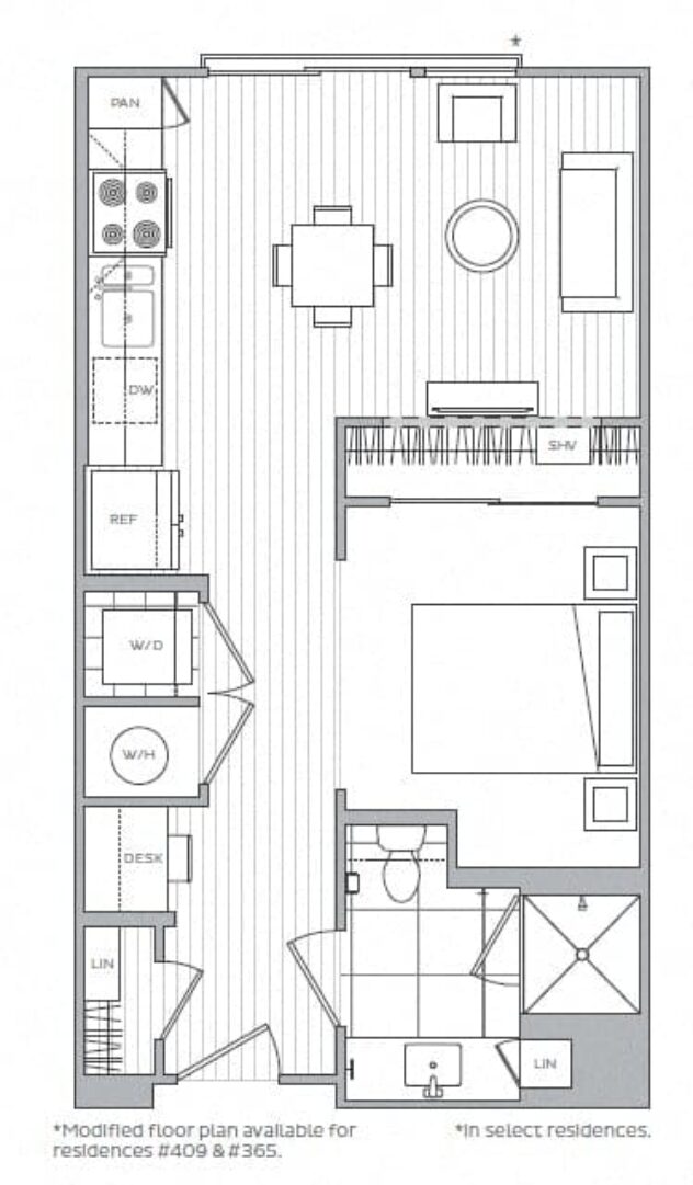 Rendering of the A floor plan with a Studio bedroom and 1 bathroom[s] at Windsor Mystic River