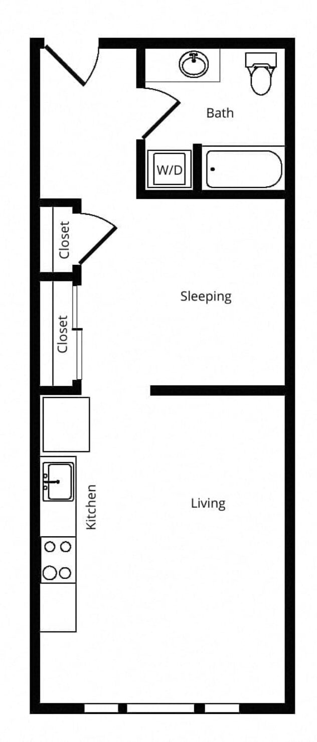 Rendering of the A01 floor plan with 1 bedroom[s] and 1 bathroom[s] at Windsor Buckman