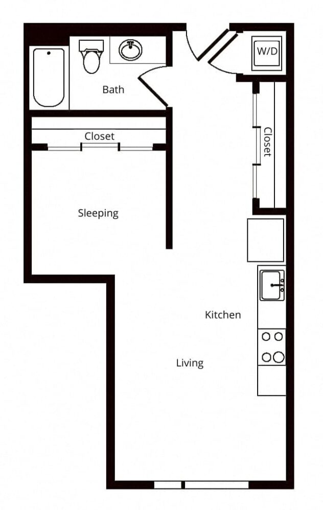 Rendering of the A02 floor plan with 1 bedroom[s] and 1 bathroom[s] at Windsor Buckman