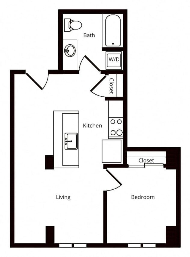 Rendering of the A04 floor plan with 1 bedroom[s] and 1 bathroom[s] at Windsor Buckman