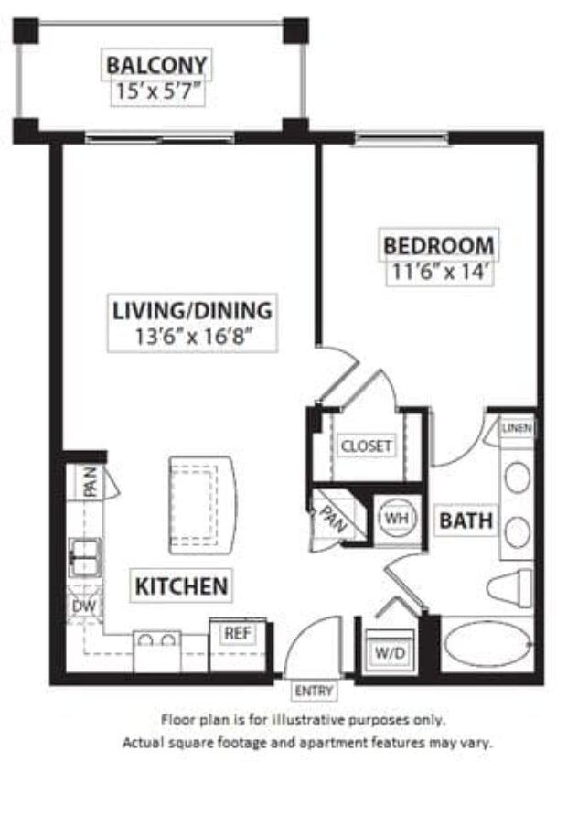 Rendering of the A1 1 Bed 1 Bath floor plan with 1 bedroom[s] and 1 bathroom[s] at Windsor at Doral